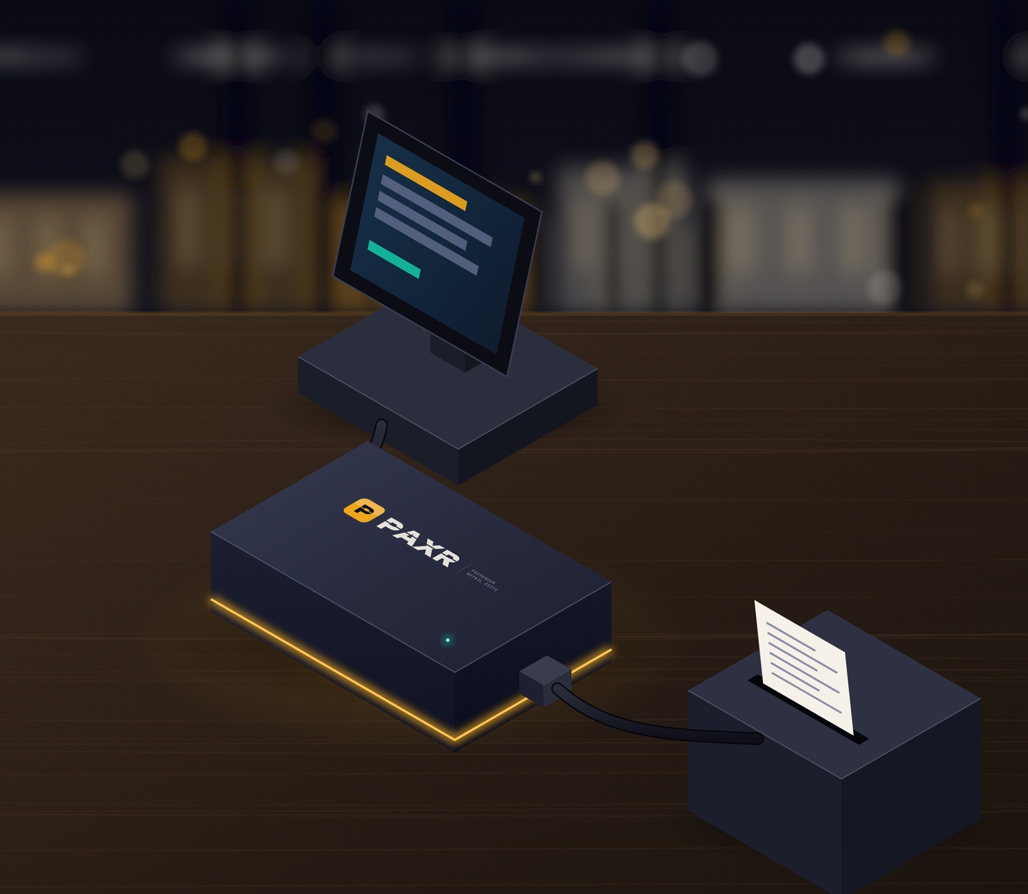 جهاز PAXR Tap بين نقطة البيع وطابعة الإيصالات: كابل من نقطة البيع إلى PAXR Tap وكابل آخر منه إلى الطابعة، وهي تُخرج إيصالاً.
